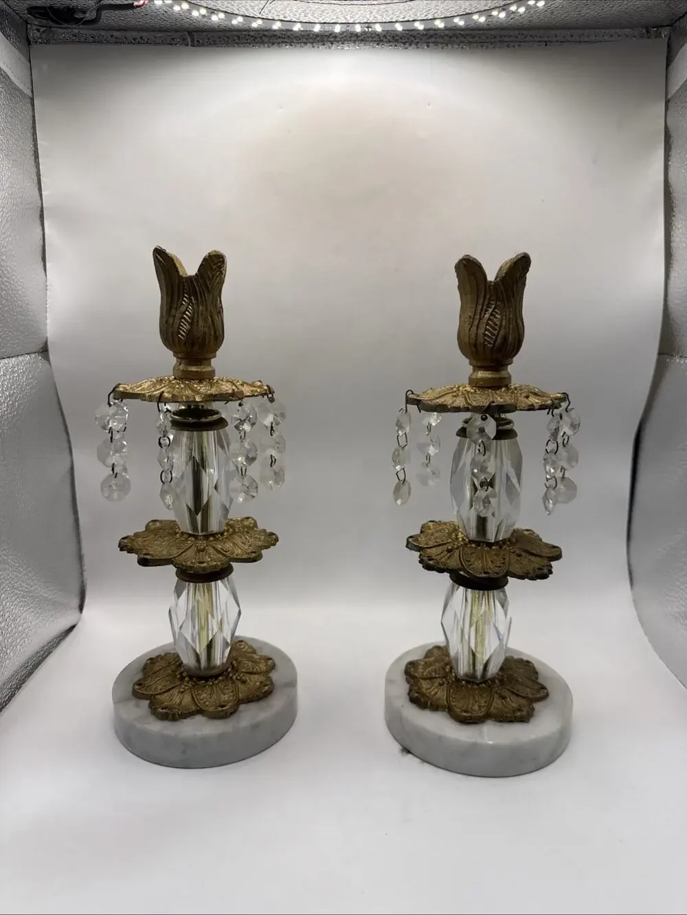 Set 2 Vtg Hollywood Regency Crystal Brass Marble 10”Candlesticks With Crystals *